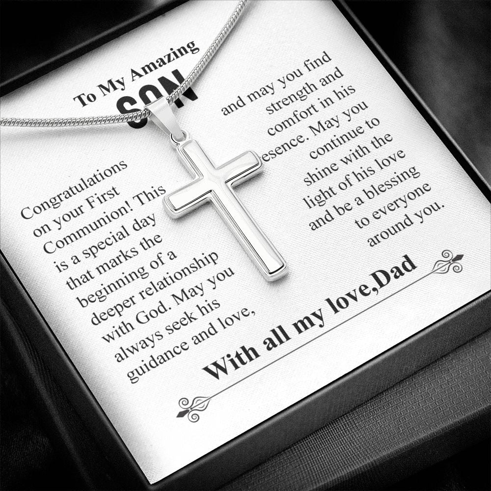 To My Amazing Son Cross Necklace With All My Love Dad - Congratulations On Your First Communion