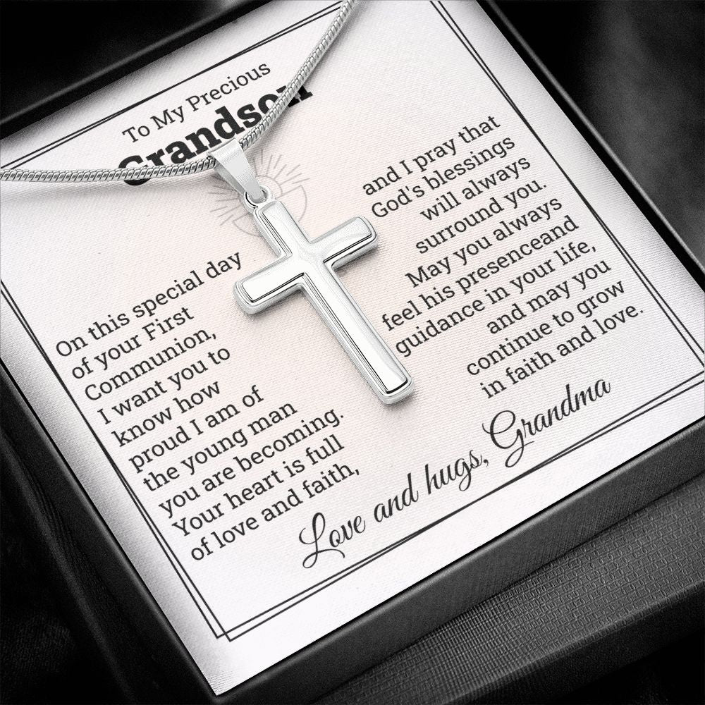 To My Precious Grandson Cross Necklace Love And Hugs, Grandma