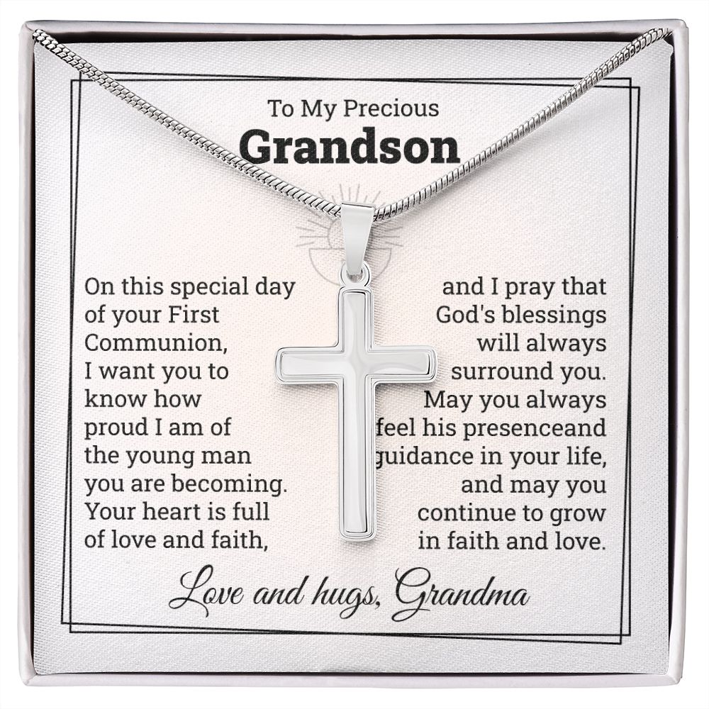To My Precious Grandson Cross Necklace Love And Hugs, Grandma