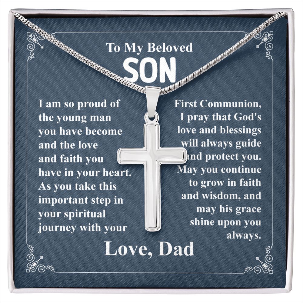 To My Beloved Son I am So Proud Of The Young Man, Cross Necklace Gift From Dad With Amazing Message Card