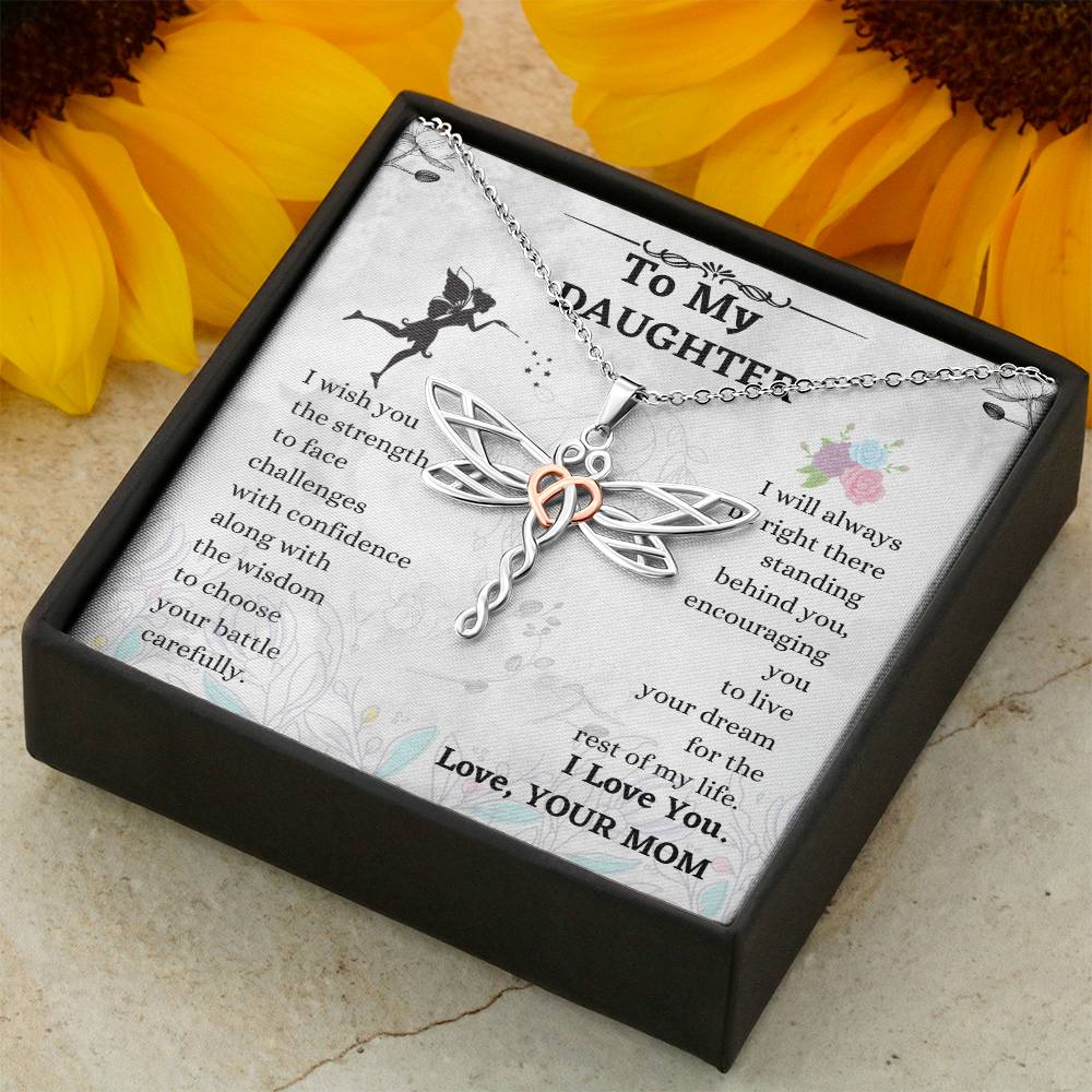 Daughter Dragonfly Necklace Gift from Mom with Heart Pendant and Encouragement Message Card