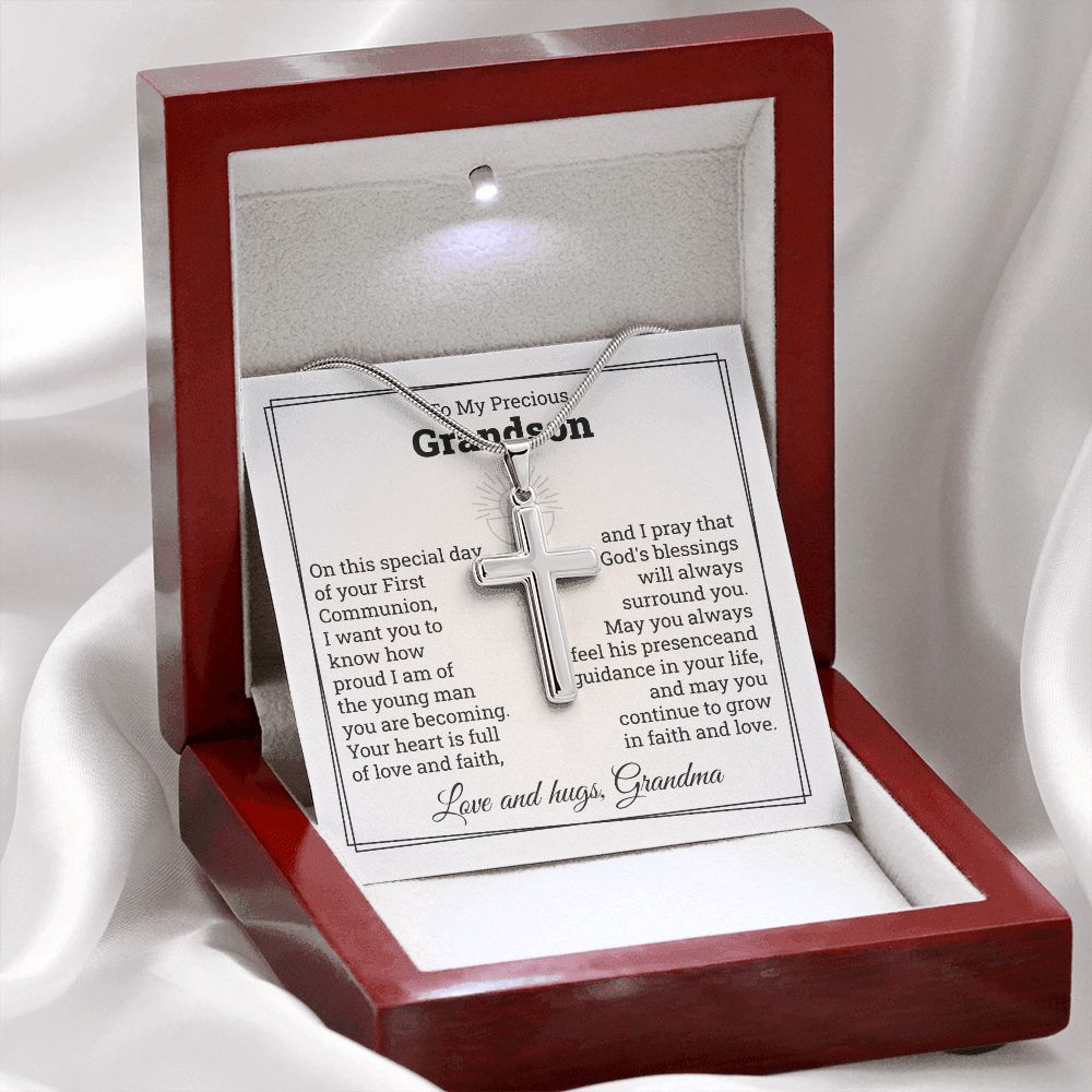To My Precious Grandson Cross Necklace Love And Hugs, Grandma