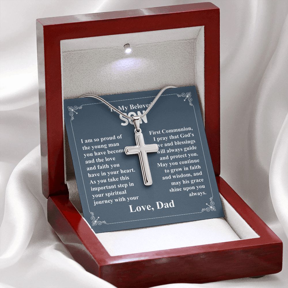To My Beloved Son I am So Proud Of The Young Man, Cross Necklace Gift From Dad With Amazing Message Card