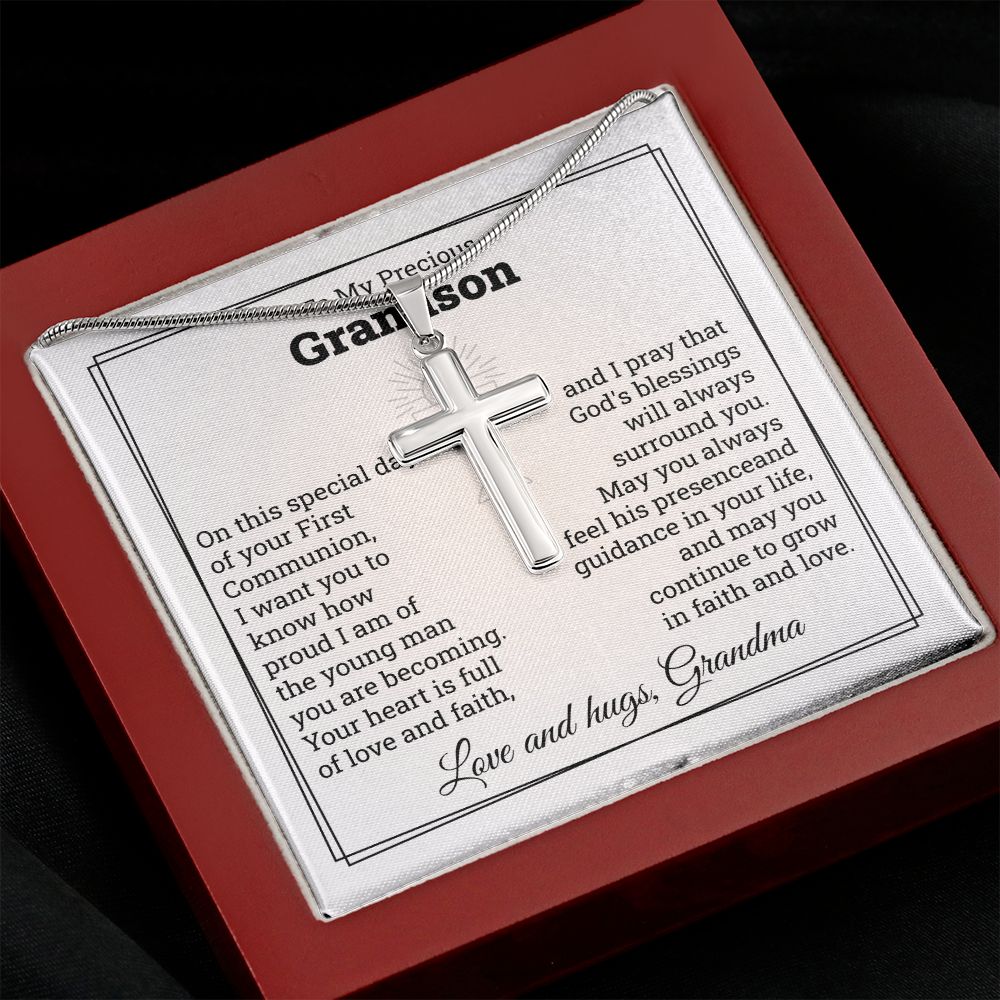 To My Precious Grandson Cross Necklace Love And Hugs, Grandma