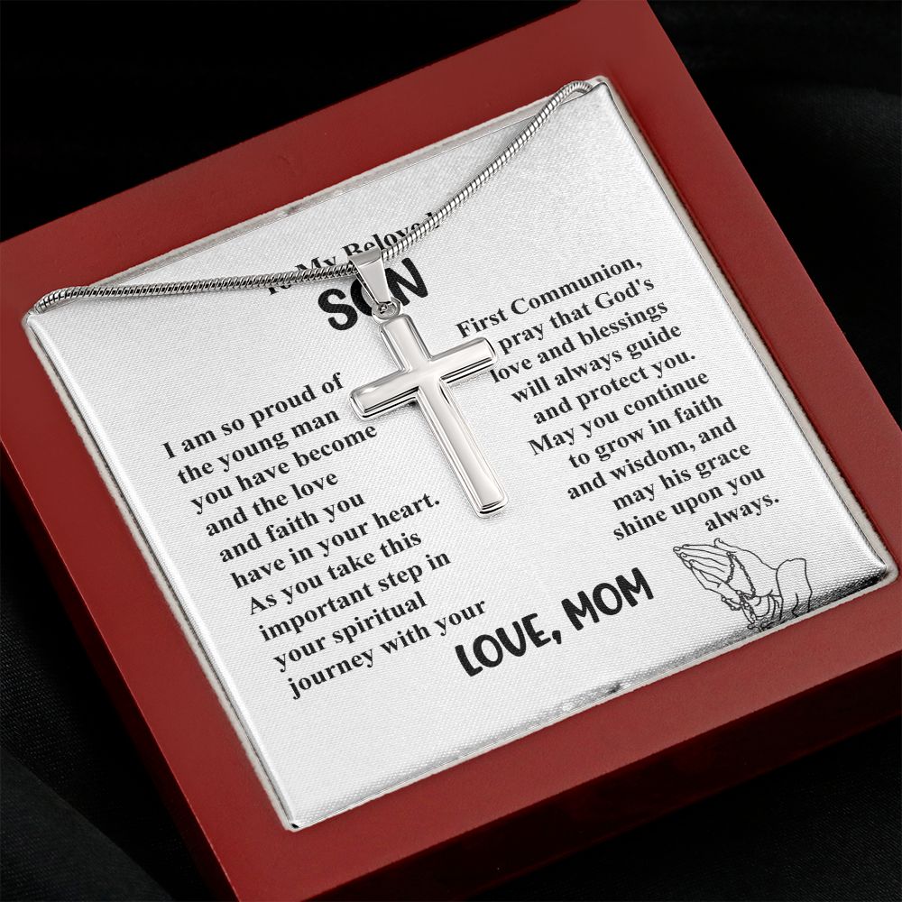 To My Beloved Son I am So Proud of The Young Man - Cross Necklace Gifts From Mom With Beautiful Message