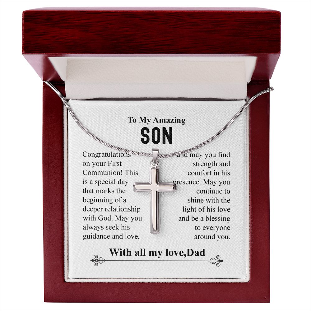 To My Amazing Son Cross Necklace With All My Love Dad - Congratulations On Your First Communion