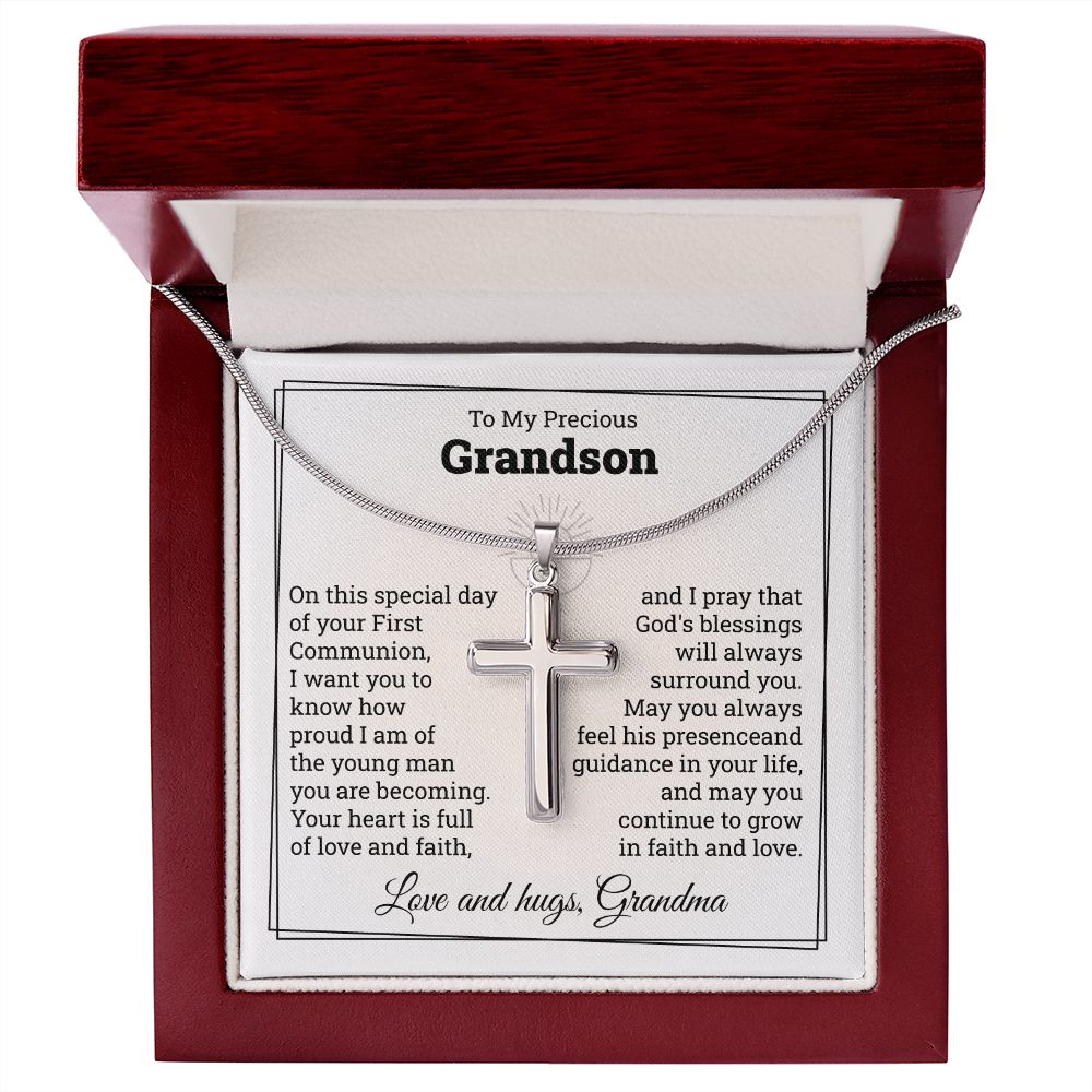 To My Precious Grandson Cross Necklace Love And Hugs, Grandma