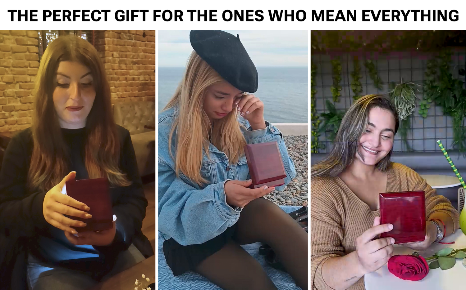 Three people holding red leather wallets with text 'The Perfect Gift for the Ones Who Mean Everything'.