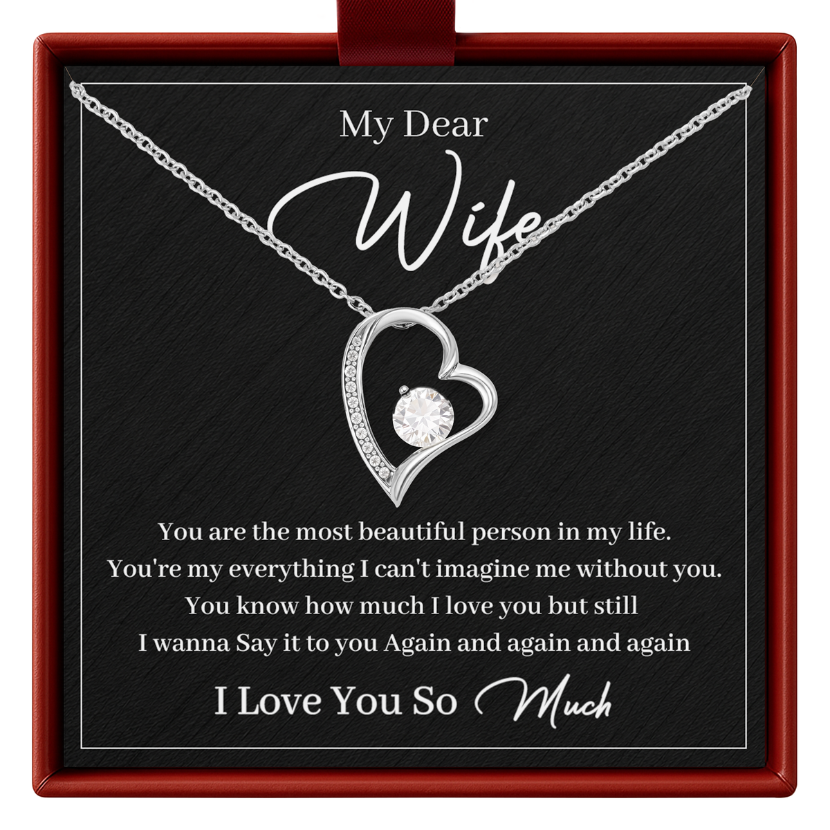 Sparkling open-heart necklace, printed “My Dear Wife” message card, and gift-ready presentation box.