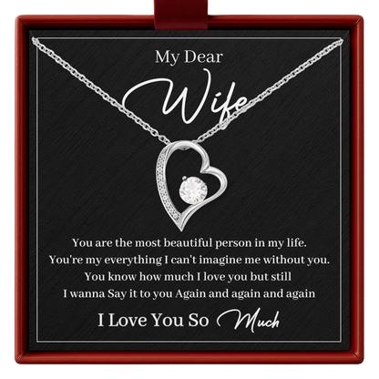Sparkling open-heart necklace, printed “My Dear Wife” message card, and gift-ready presentation box.