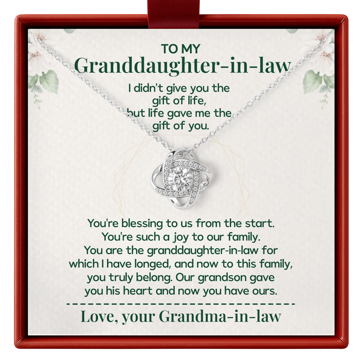 Necklace with a sentimental message card for granddaughter-in-law, framed in red.
