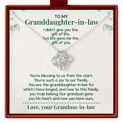 Necklace with a sentimental message card for granddaughter-in-law, framed in red.