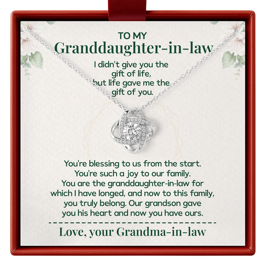 Necklace with a sentimental message card for granddaughter-in-law, framed in red.