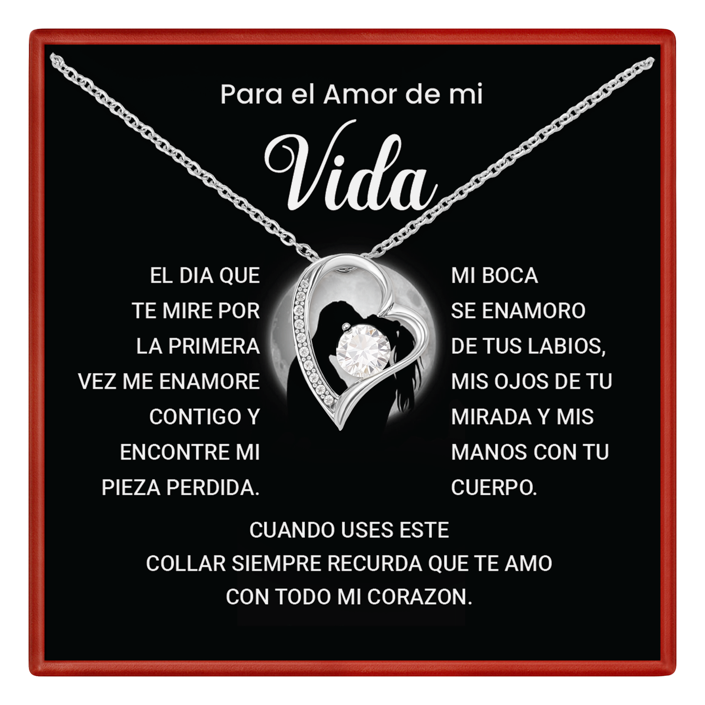 Vida Necklace with heart pendant on a black background with Spanish text