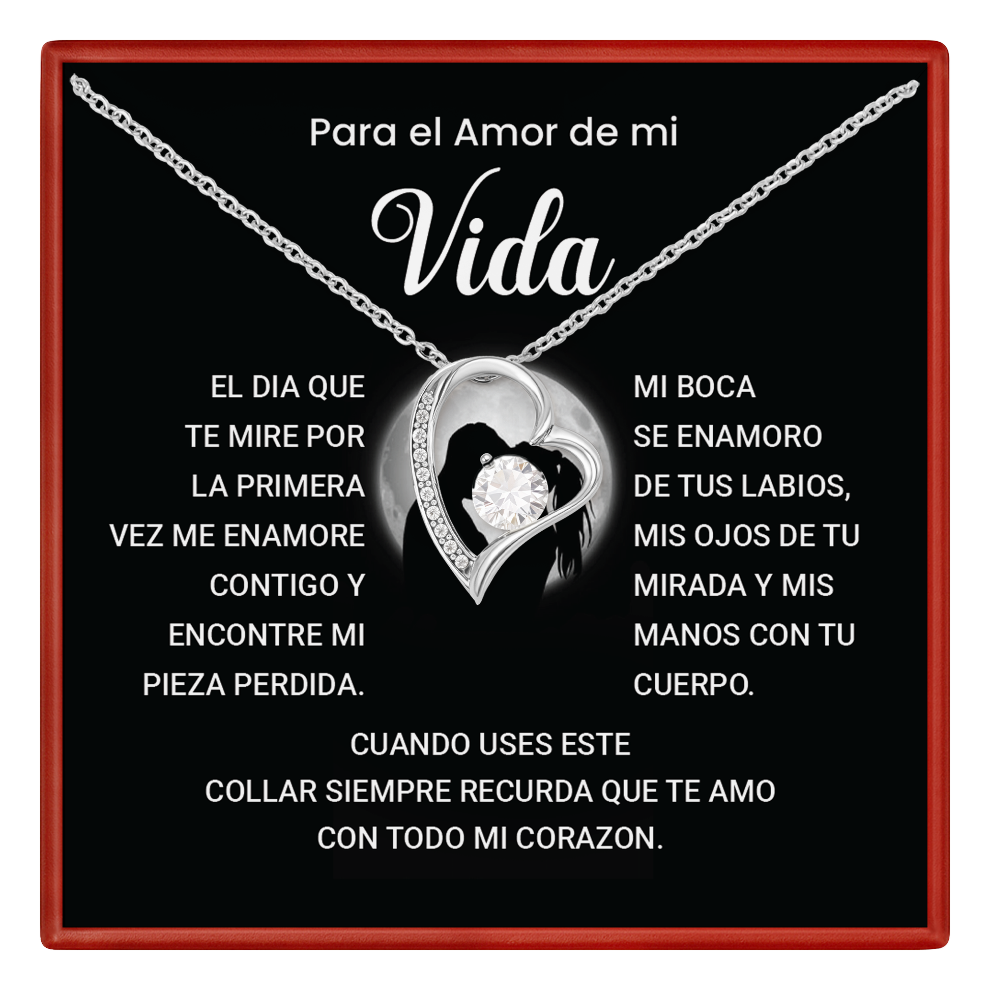 Vida Necklace with heart pendant on a black background with Spanish text