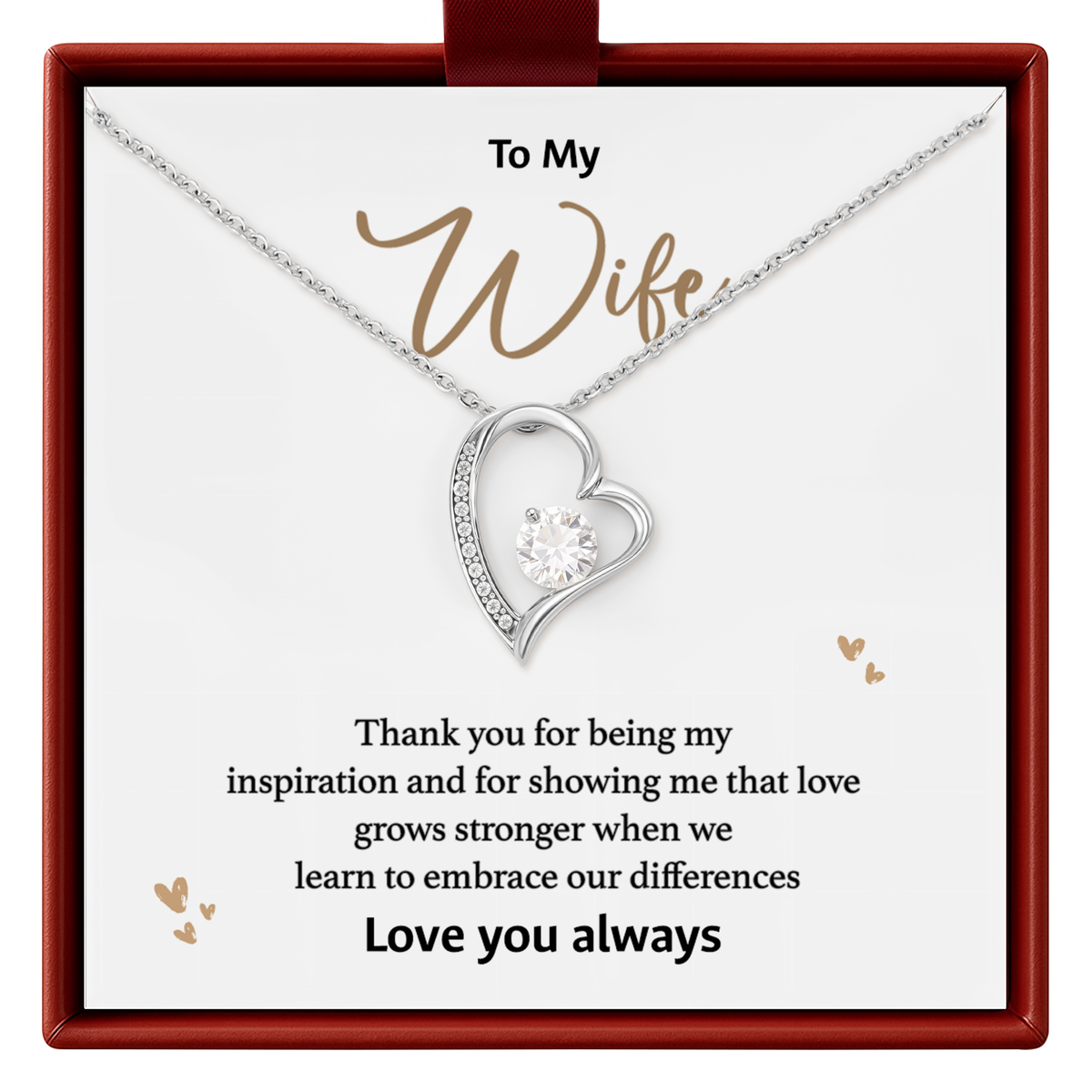 Sparkling open-heart necklace, printed “To My Wife” message card, and gift-ready presentation box.