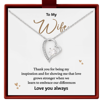 Sparkling open-heart necklace, printed “To My Wife” message card, and gift-ready presentation box.