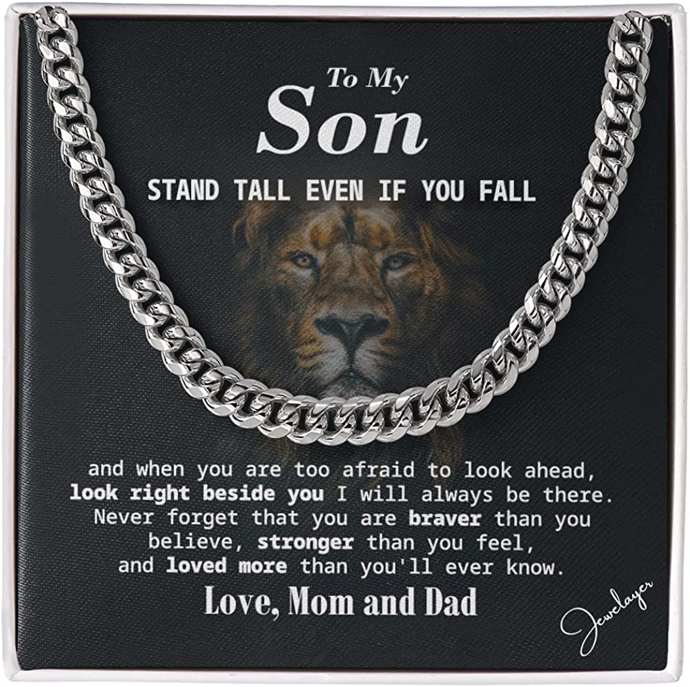 Cuban Chain Gift for Son from Mom and Dad with Inspirational Lion Message