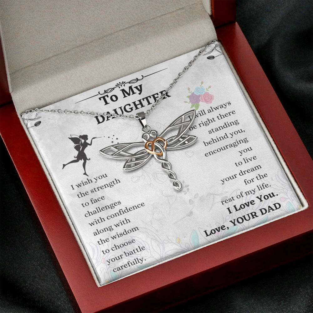 Daughter Dragonfly Necklace Gift from Dad – Heart Accented Pendant with Encouragement Message Card