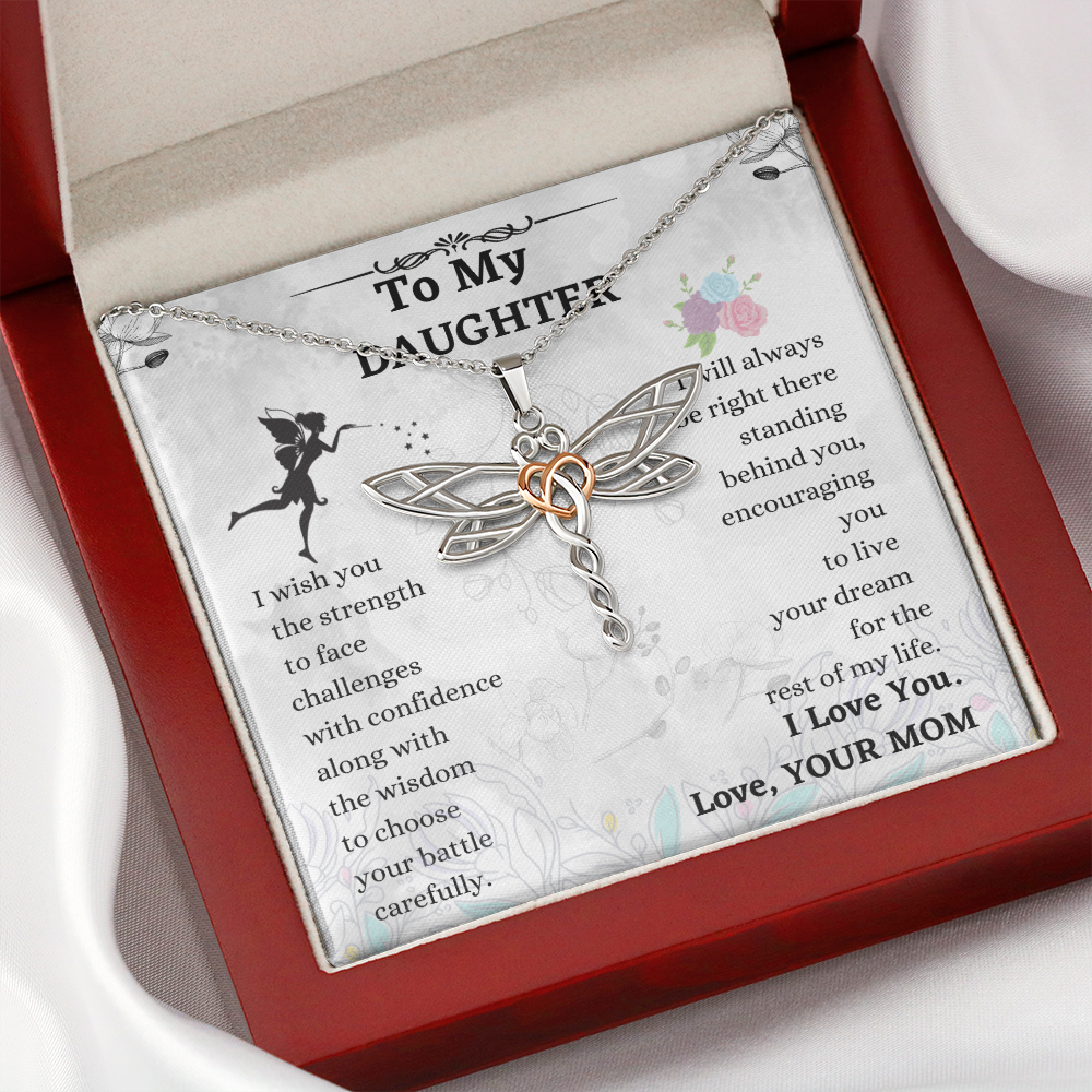 Daughter Dragonfly Necklace Gift from Mom with Heart Pendant and Encouragement Message Card