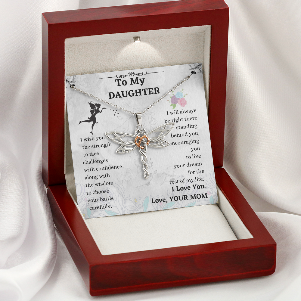 Daughter Dragonfly Necklace Gift from Mom with Heart Pendant and Encouragement Message Card