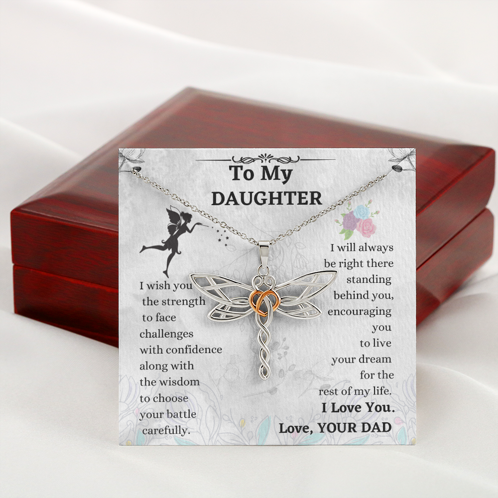 Daughter Dragonfly Necklace Gift from Dad – Heart Accented Pendant with Encouragement Message Card