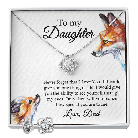 Daughter Necklace and Earrings Set – Gift from Dad with Fox Message Card