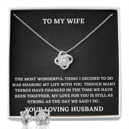 Wife Love Knot Necklace and Earring Set Gift from Husband – Romantic Jewelry with Heartfelt Message Card
