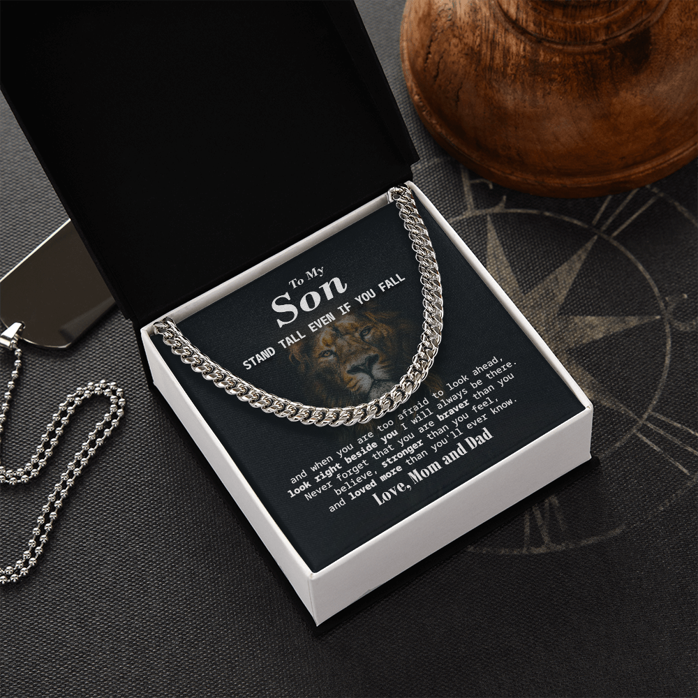 Cuban Chain Gift for Son from Mom and Dad with Inspirational Lion Message