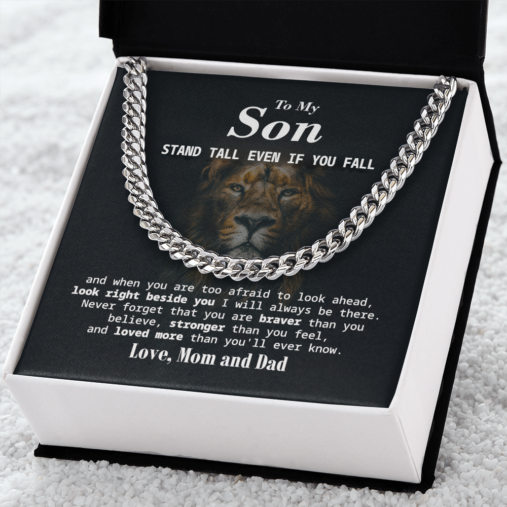 Cuban Chain Gift for Son from Mom and Dad with Inspirational Lion Message