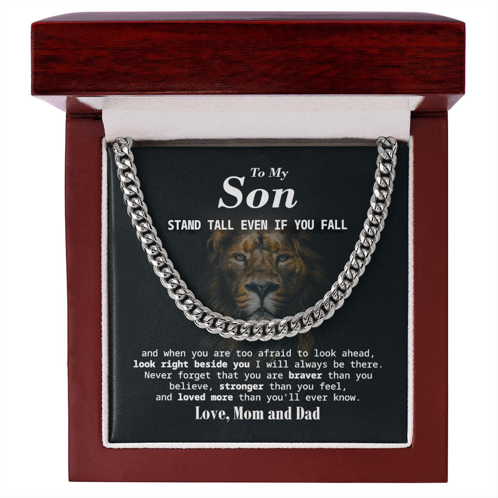 Cuban Chain Gift for Son from Mom and Dad with Inspirational Lion Message
