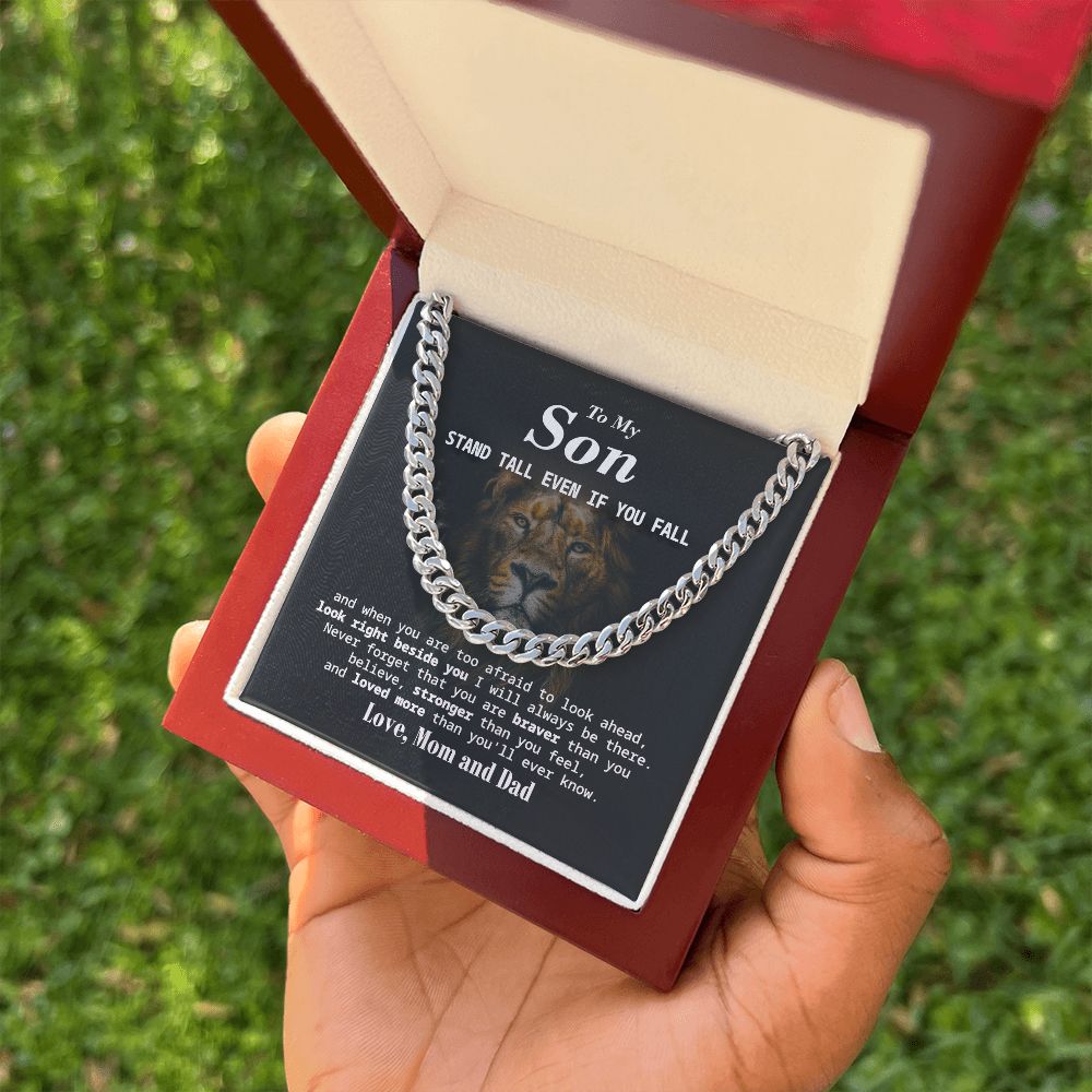 Cuban Chain Gift for Son from Mom and Dad with Inspirational Lion Message
