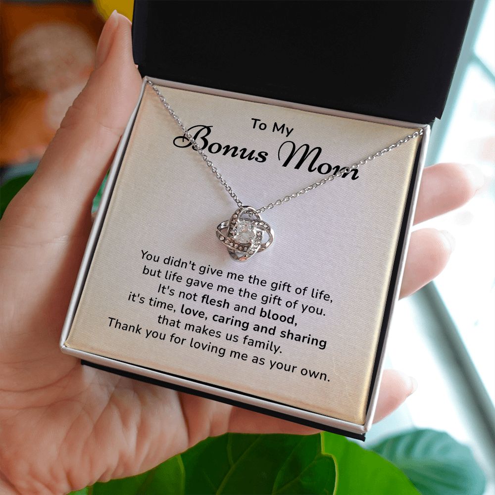 To My Bonus Mom Thank You For Loving Me As Your Own, 14k White Gold Stainless Steel Love Knot Necklace For Women