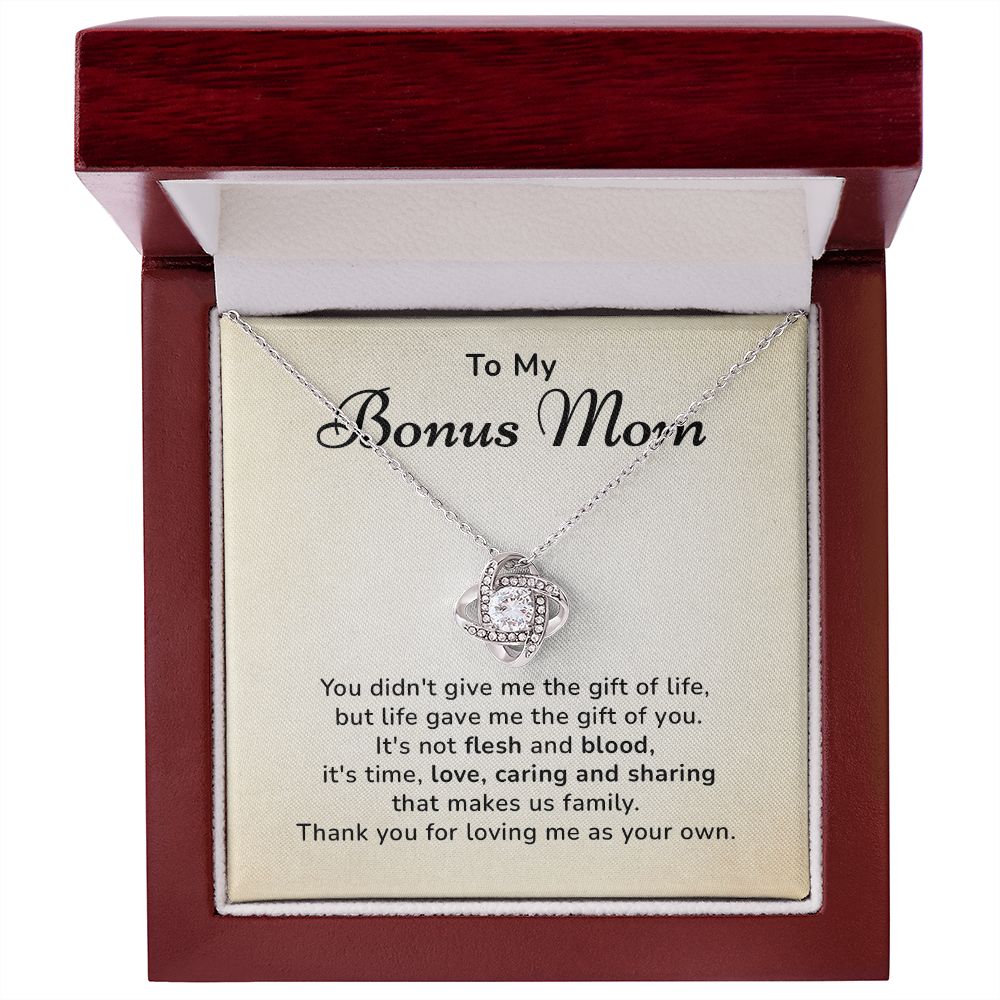 To My Bonus Mom Thank You For Loving Me As Your Own, 14k White Gold Stainless Steel Love Knot Necklace For Women