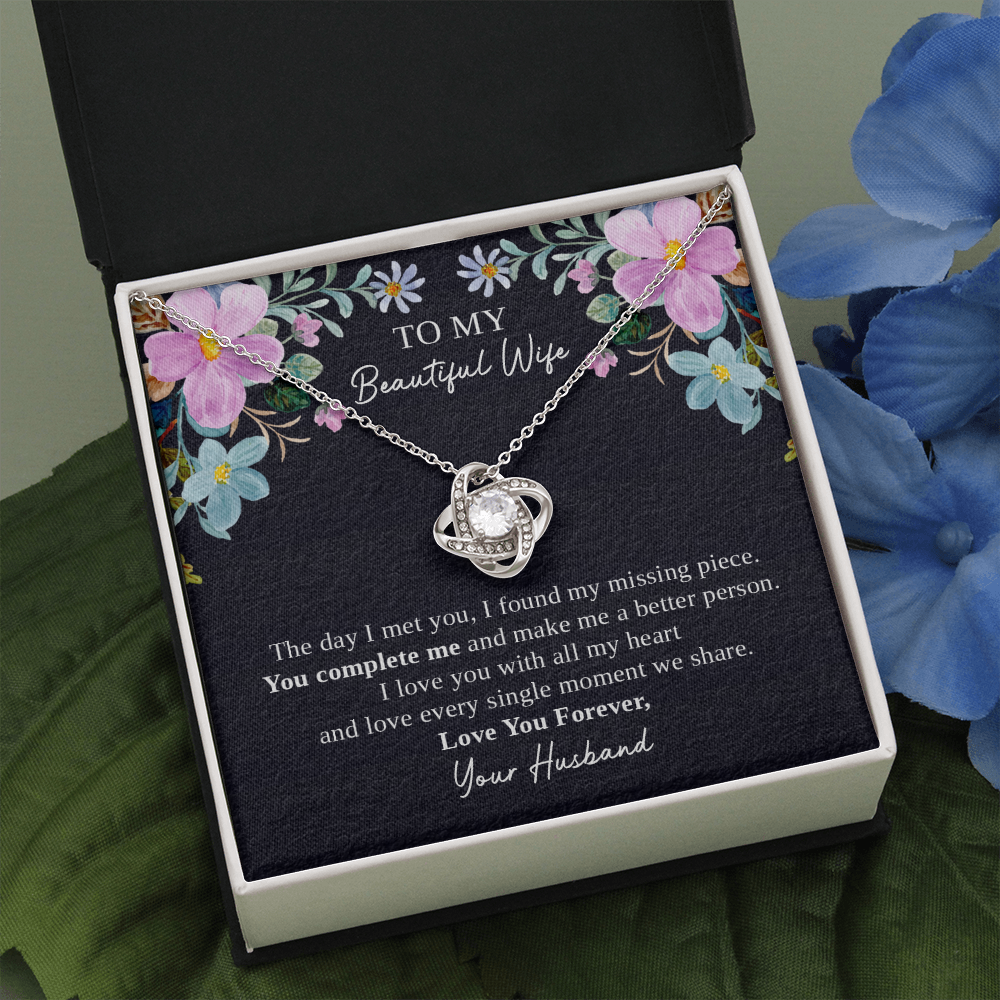 To My Beautiful Wife Necklace Gift from Husband with Love Knot Pendant and Romantic Message Card
