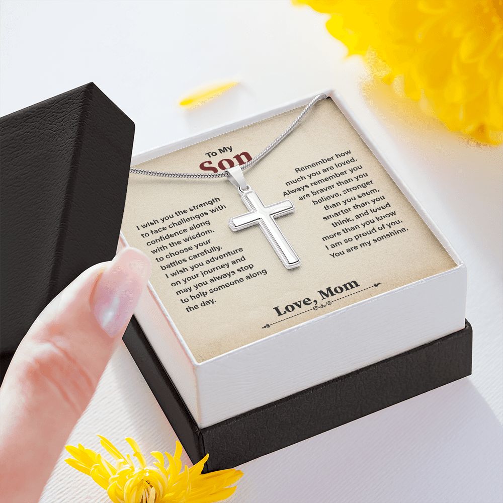 To My Son Cross Necklace Gift From Mom, Birthday Christmas Present With Heartfelt Message Card