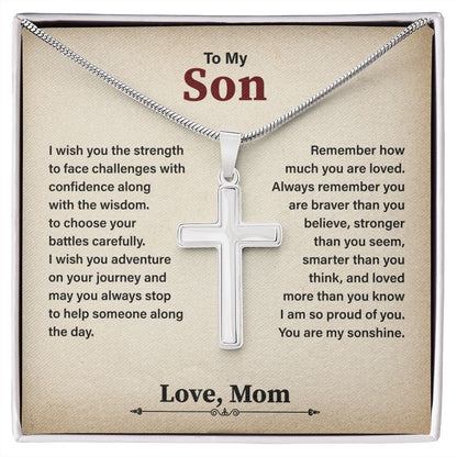 To My Son Cross Necklace Gift From Mom, Birthday Christmas Present With Heartfelt Message Card