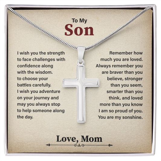 To My Son Cross Necklace Gift From Mom, Birthday Christmas Present With Heartfelt Message Card