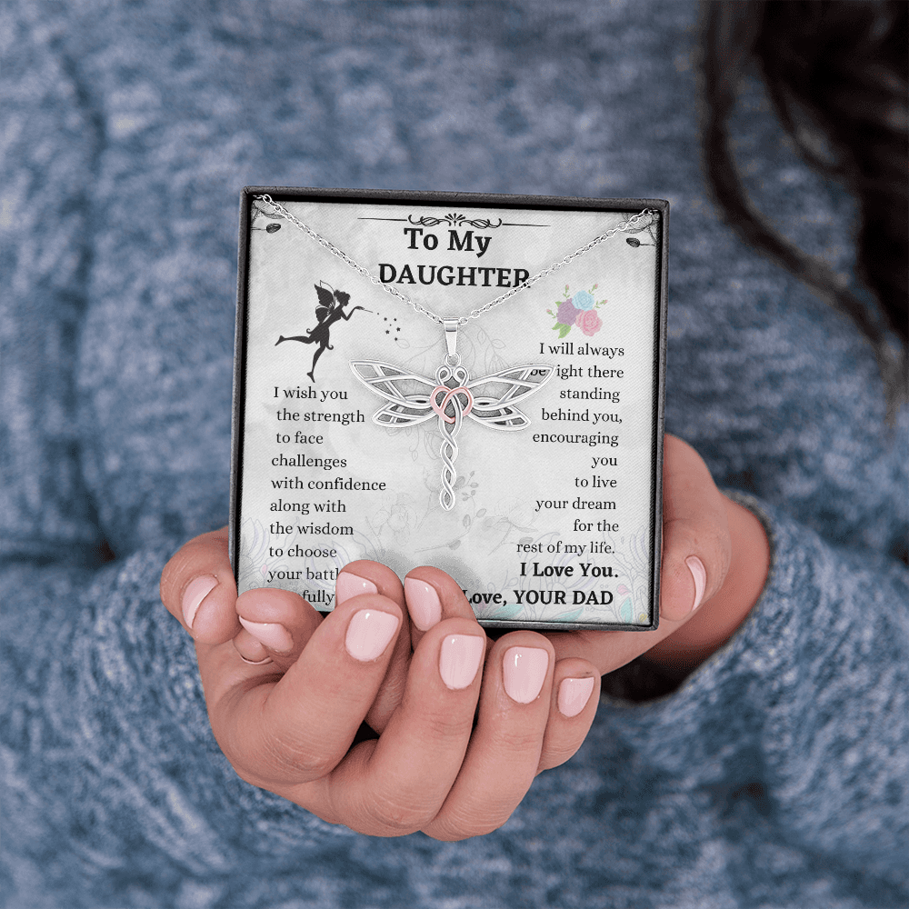 Daughter Dragonfly Necklace Gift from Dad – Heart Accented Pendant with Encouragement Message Card