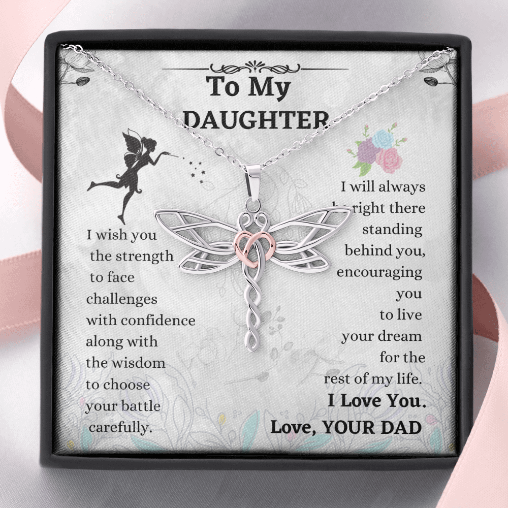 Daughter Dragonfly Necklace Gift from Dad – Heart Accented Pendant with Encouragement Message Card
