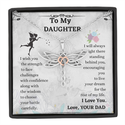 Daughter Dragonfly Necklace Gift from Dad – Heart Accented Pendant with Encouragement Message Card