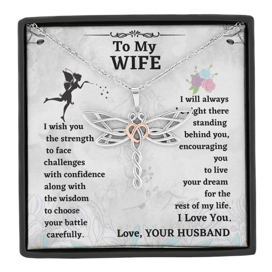 Wife Dragonfly Necklace Gift from Husband – Heart Accented Pendant with Encouragement Message Card