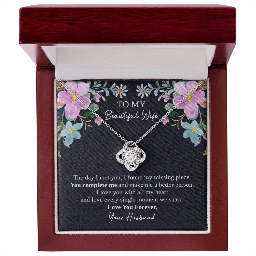 To My Beautiful Wife Necklace Gift from Husband with Love Knot Pendant and Romantic Message Card