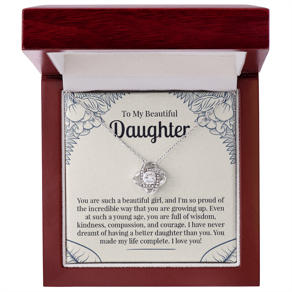 To My Beautiful Daughter Necklace Gift – Love Knot Pendant with Heartfelt Message Card