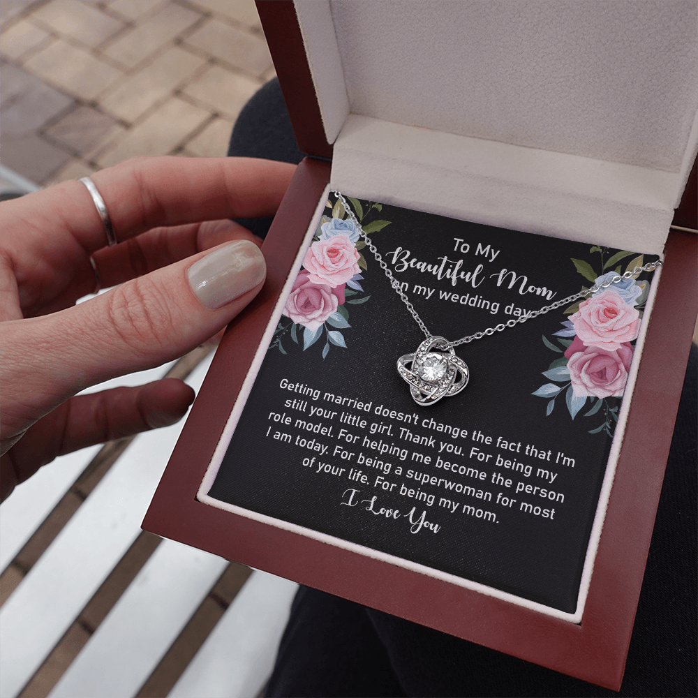 Wedding Day Gift for Mom from Daughter – Love Knot Necklace with Heartfelt Message Card