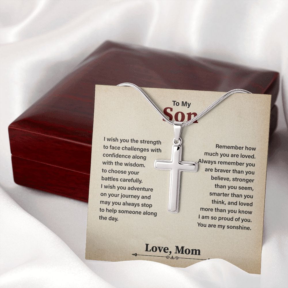 To My Son Cross Necklace Gift From Mom, Birthday Christmas Present With Heartfelt Message Card