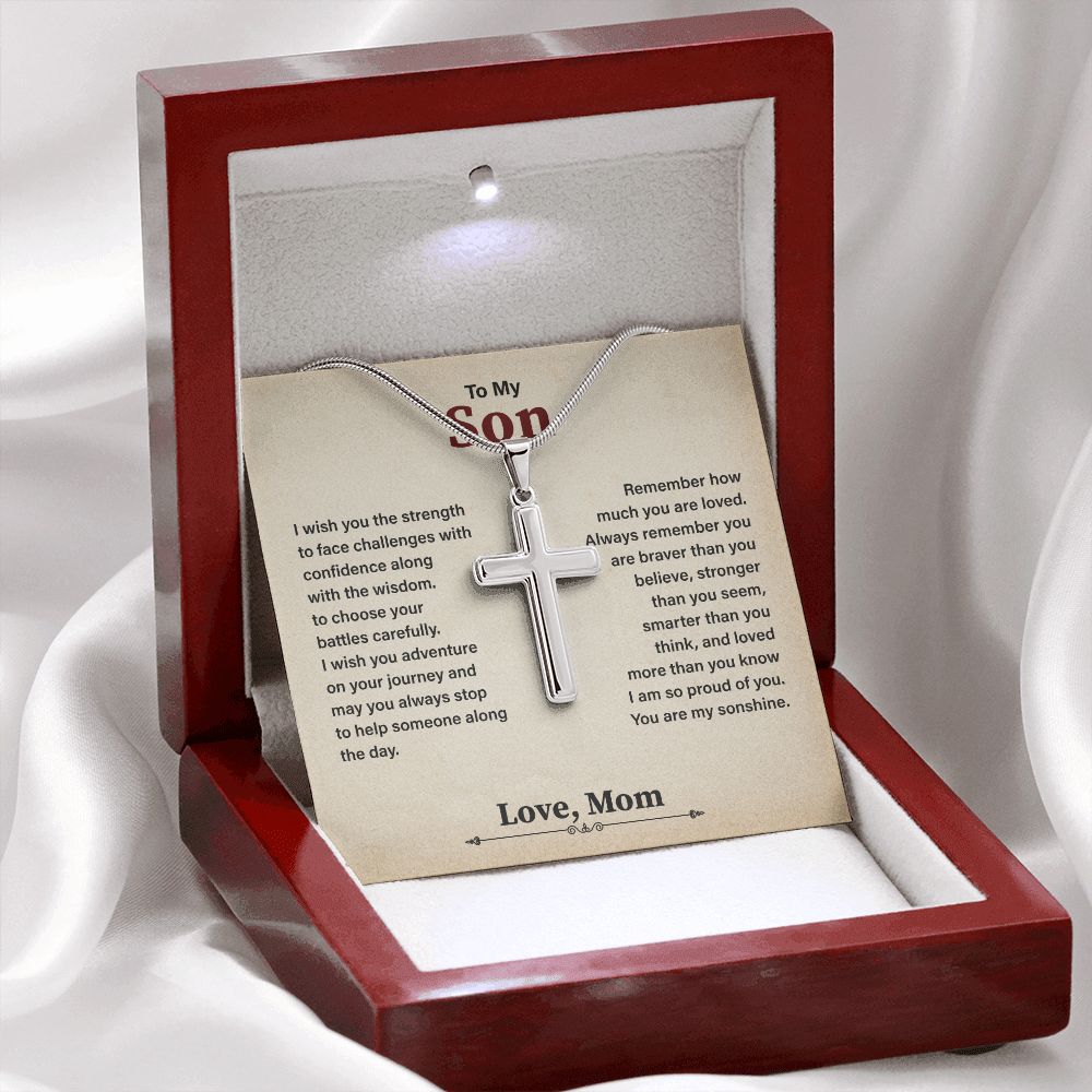 To My Son Cross Necklace Gift From Mom, Birthday Christmas Present With Heartfelt Message Card